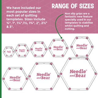 Needle and Bear Hexagon Quilting Templates - Set of 8 (3/4 inch - 3 inches)