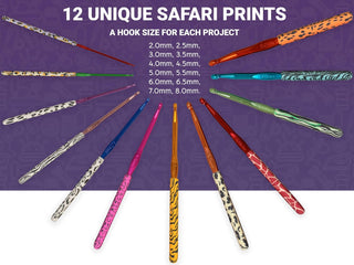 The Quilted Bear 12 Piece Ergonomic Crochet Hook Set -  2mm-8mm (Safari Print)