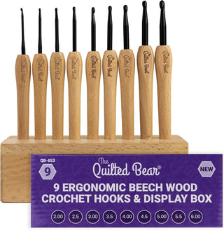 The Quilted Bear 9 Piece Beech Wood Crochet Hooks Set with Box (Wooden Display Box Included)