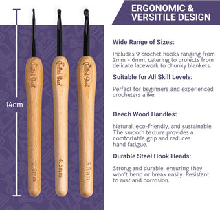 The Quilted Bear 9 Piece Beech Wood Crochet Hooks Set (2mm-6mm)