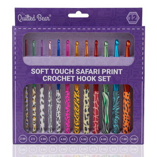 The Quilted Bear 12 Piece Ergonomic Crochet Hook Set -  2mm-8mm (Safari Print)